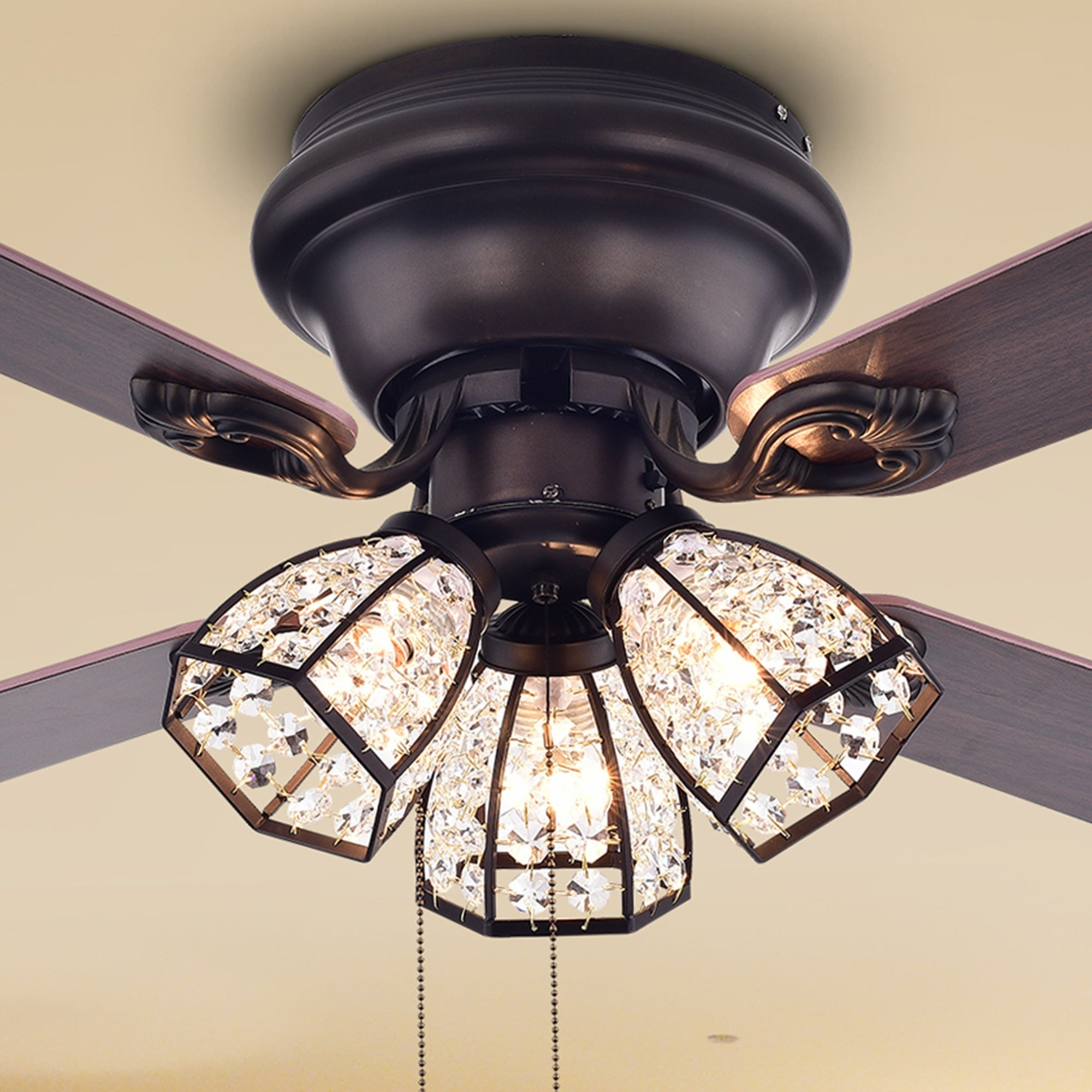 Tarudor Antique Bronze 42 Inch 3 Light 4 Blade Lighted Ceiling Fan Crystal Shades 2 Color Blades Optional Remote pertaining to size 2000 X 2000