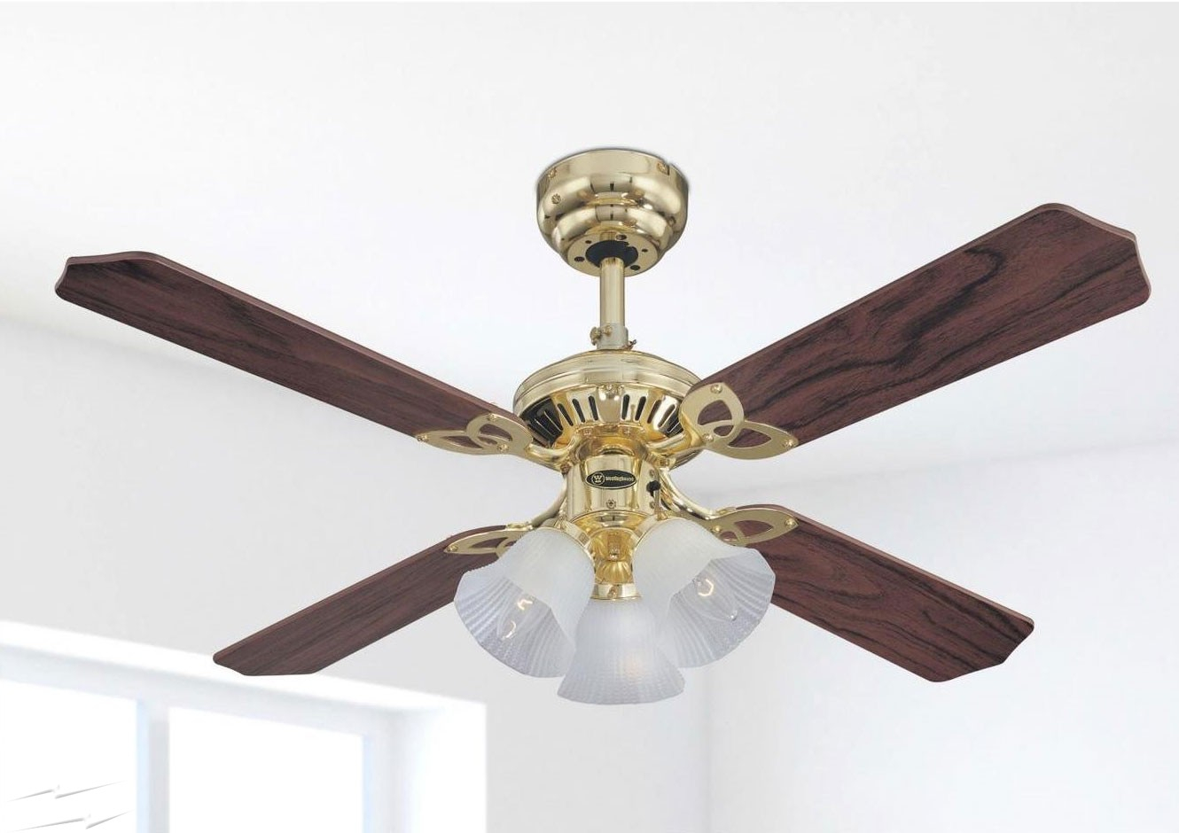 Westinghouse Ceiling Fan Princess Trio 105cm 42 In Polished Brass With 4 Reversible Oakmahogany Blades And 3 Lights with sizing 1330 X 940
